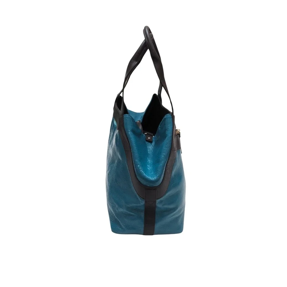 Kate Spade New York Teal Blue Crinkled Patent Leather Brown Trim Tote‎ Bag